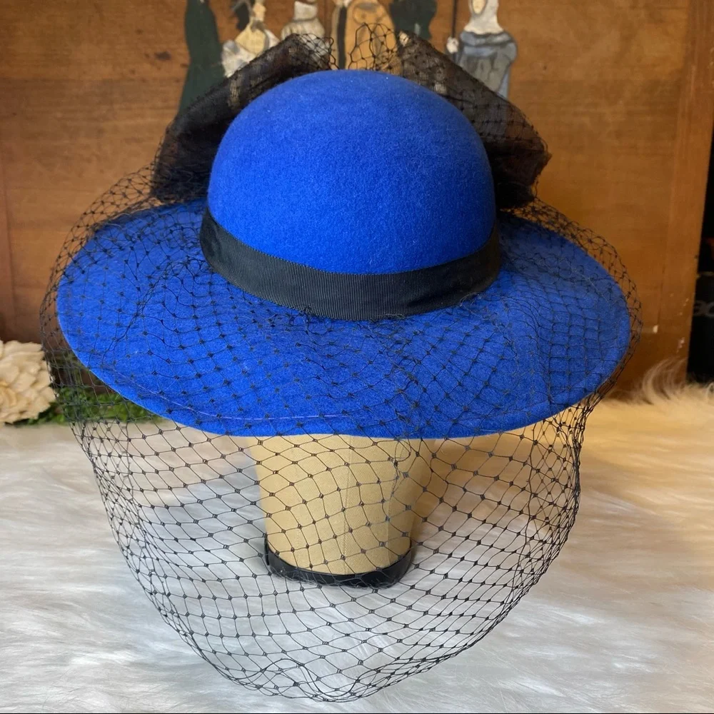 Royal Blue Women's Felt Hat with Black Veil - Picture 5 of 11